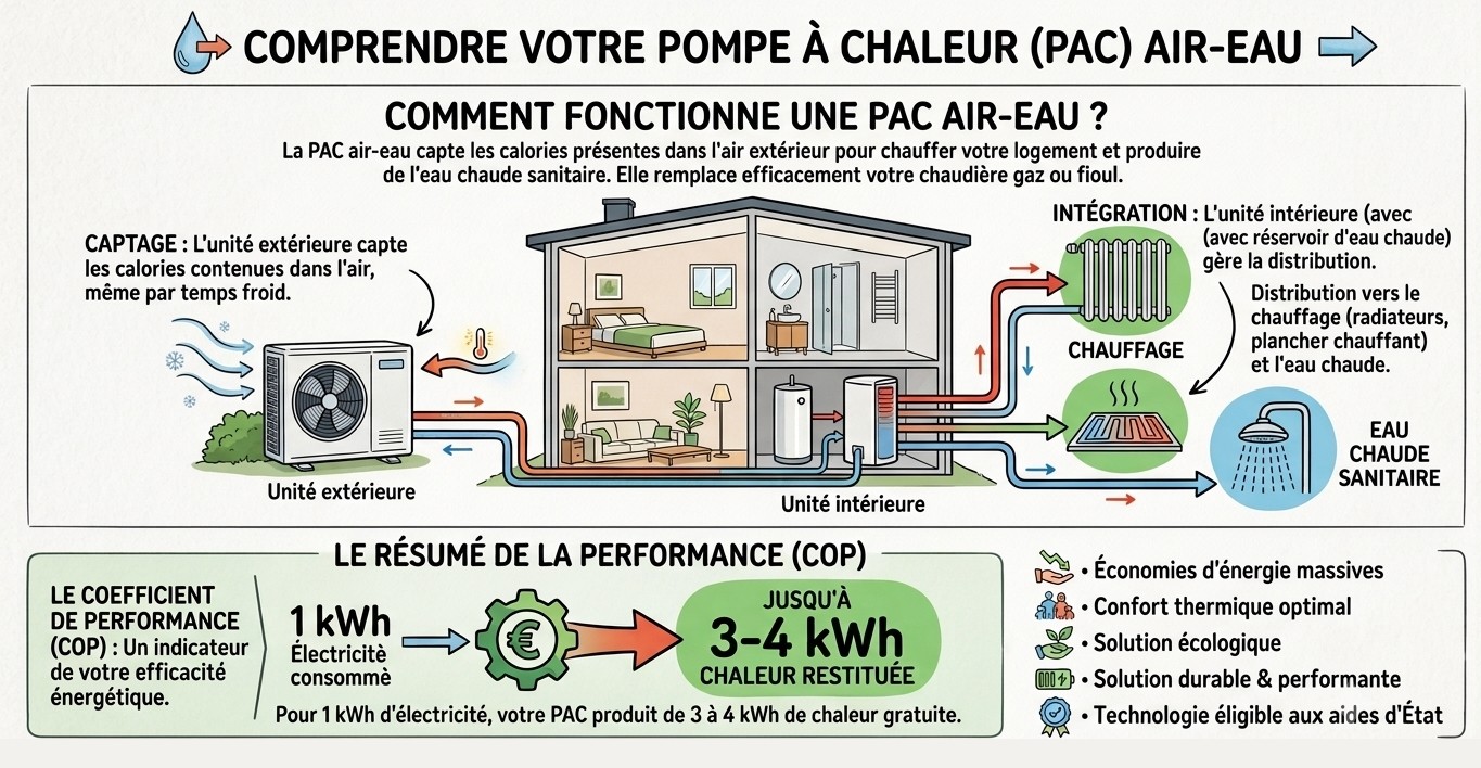 Comment fonctionne une pompe à chaleur air-eau : captage des calories de l'air, unité intérieure, distribution chauffage et eau chaude, coefficient de performance COP 1 kWh vers 3 à 4 kWh