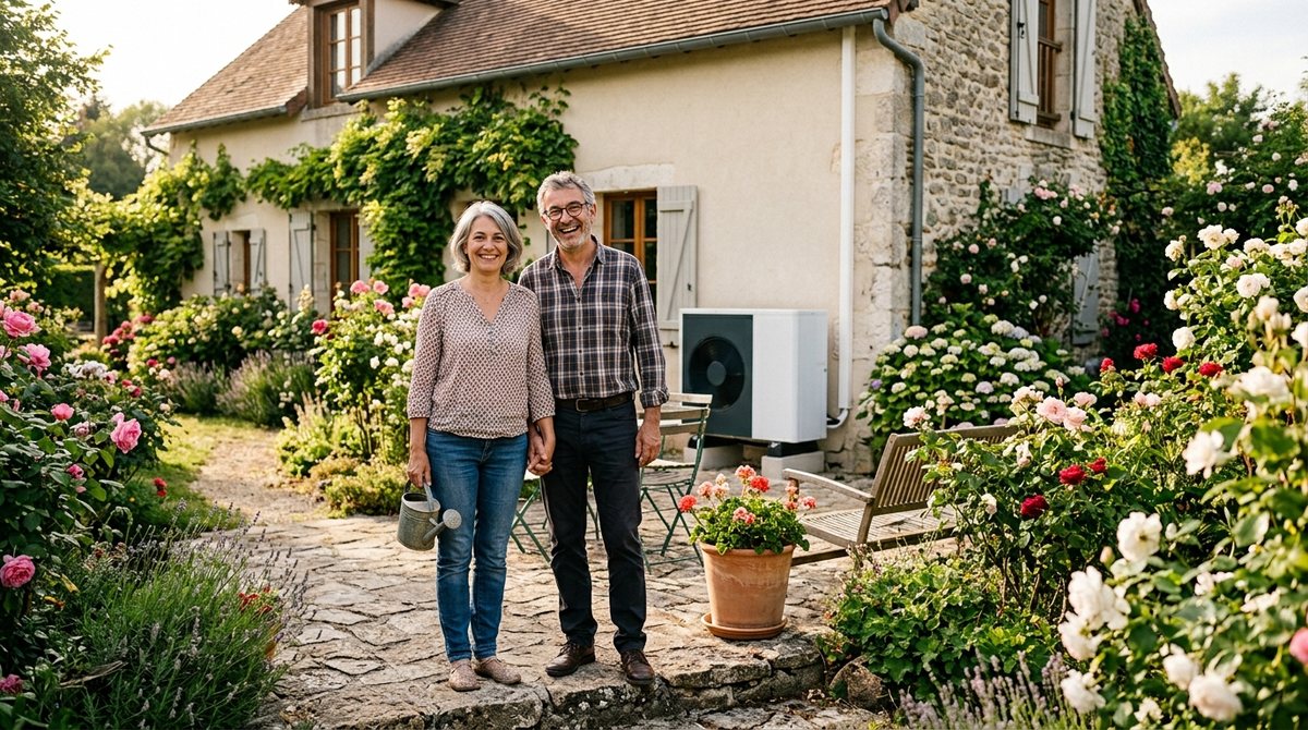 Couple de propriétaires satisfaits devant leur maison équipée d'une pompe à chaleur My Pac Confort