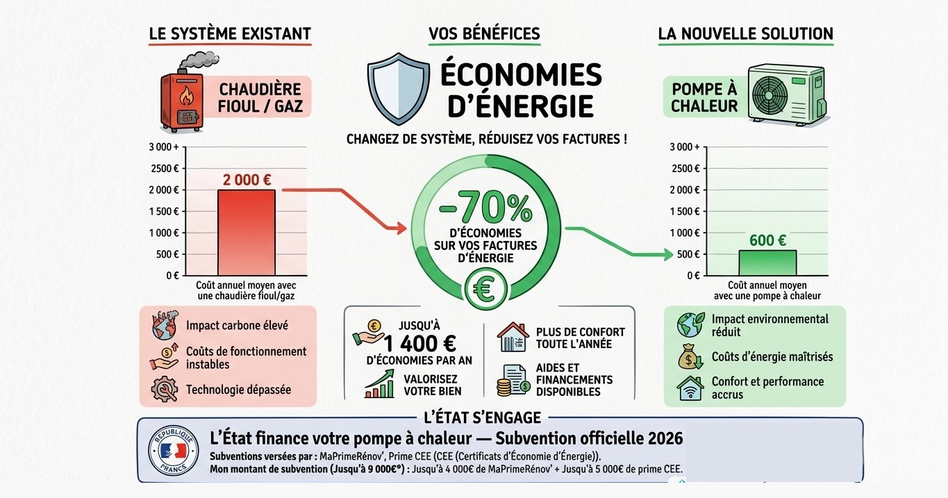 Économies d'énergie : comparaison chaudière fioul/gaz et pompe à chaleur — jusqu'à 70% d'économies, 1 400 € par an, subventions 2026